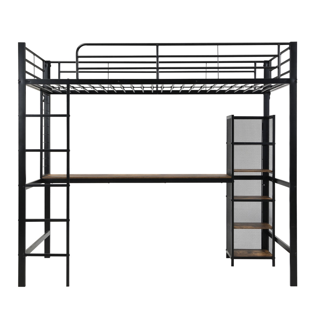Letto a soppalco 90x200 cm con scrivania e vani portaoggetti in MDF e metallo nero e legno scuro