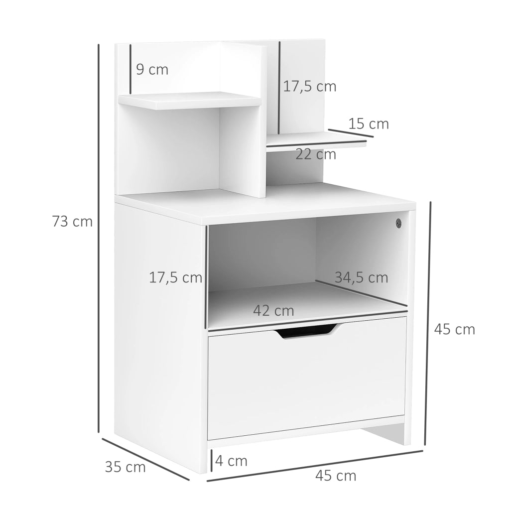 Comodino con cassetto, nicchia e ripiani effetto legno ¨C zephmum ¨C bianco 45x35x73 cm