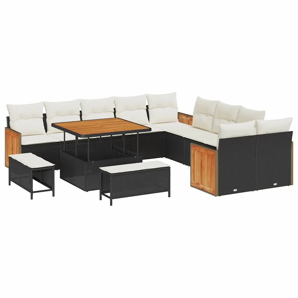 Set Divano da Giardino 17 pcs Nero e Crema polyrattan