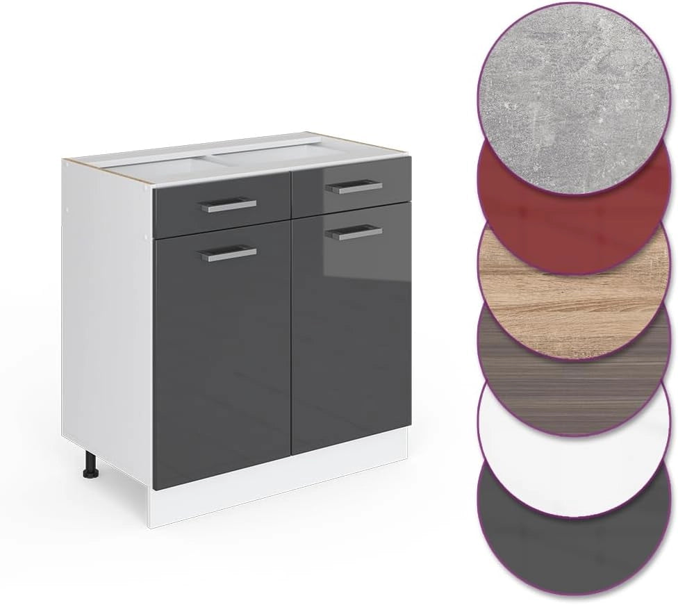 Mobiletto base per cucina R-Line, Antracite lucido, 80 cm senza piano di lavoro, per la libera combinazione all'interno di sistemi cucina modulari