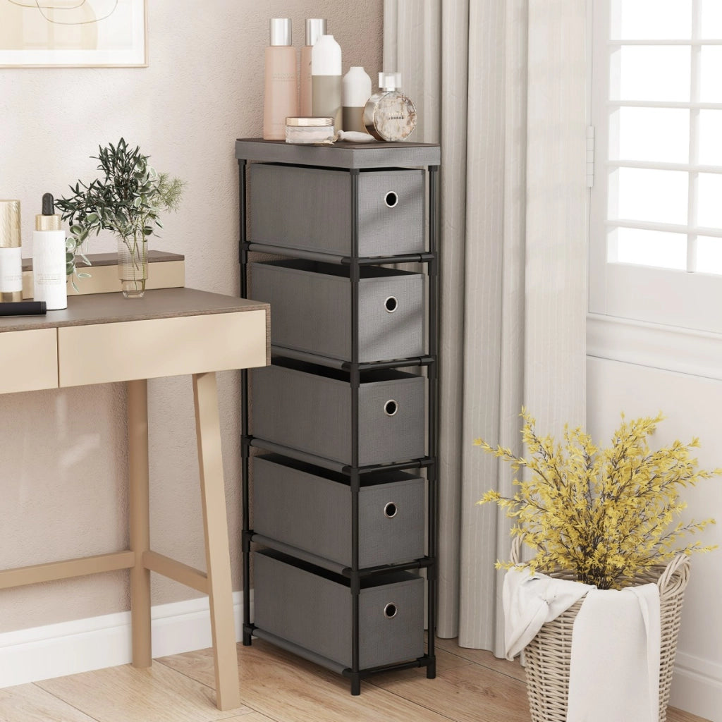 Com¨° stretto con struttura in metallo e 5 cassetti, Com¨° salvaspazio con piano in legno e maniglie Grigio-Cassettiere
