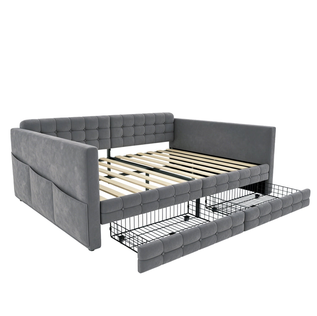 Letto imbottito 140x190 cm con cassetti e tasche laterali in velluto grigio