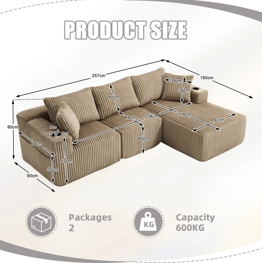 Divano modulare con chaise longue, 2 posti e 5 cuscini