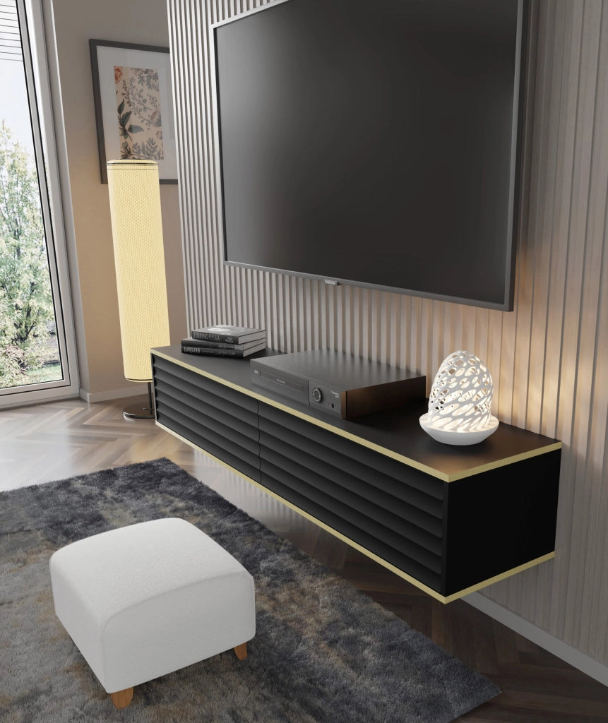 Mobile tv sospeso WABI cm 180x40x33h nero opaco bordo oro