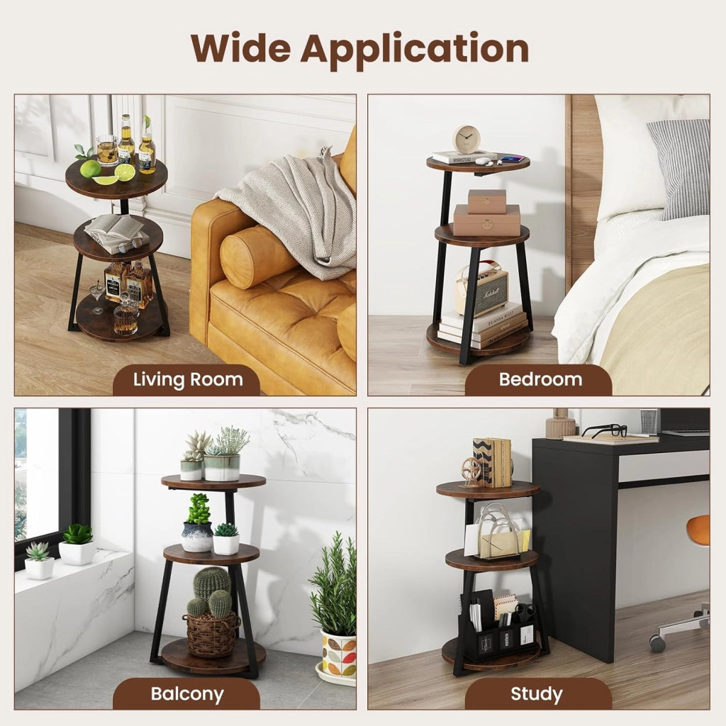 Tavolino a 3 livelli 62 cm, comodino con 3 ripiani in legno, tavolino da caffè con telaio in metallo con piedini regolabili, tavolino rotondo design industriale