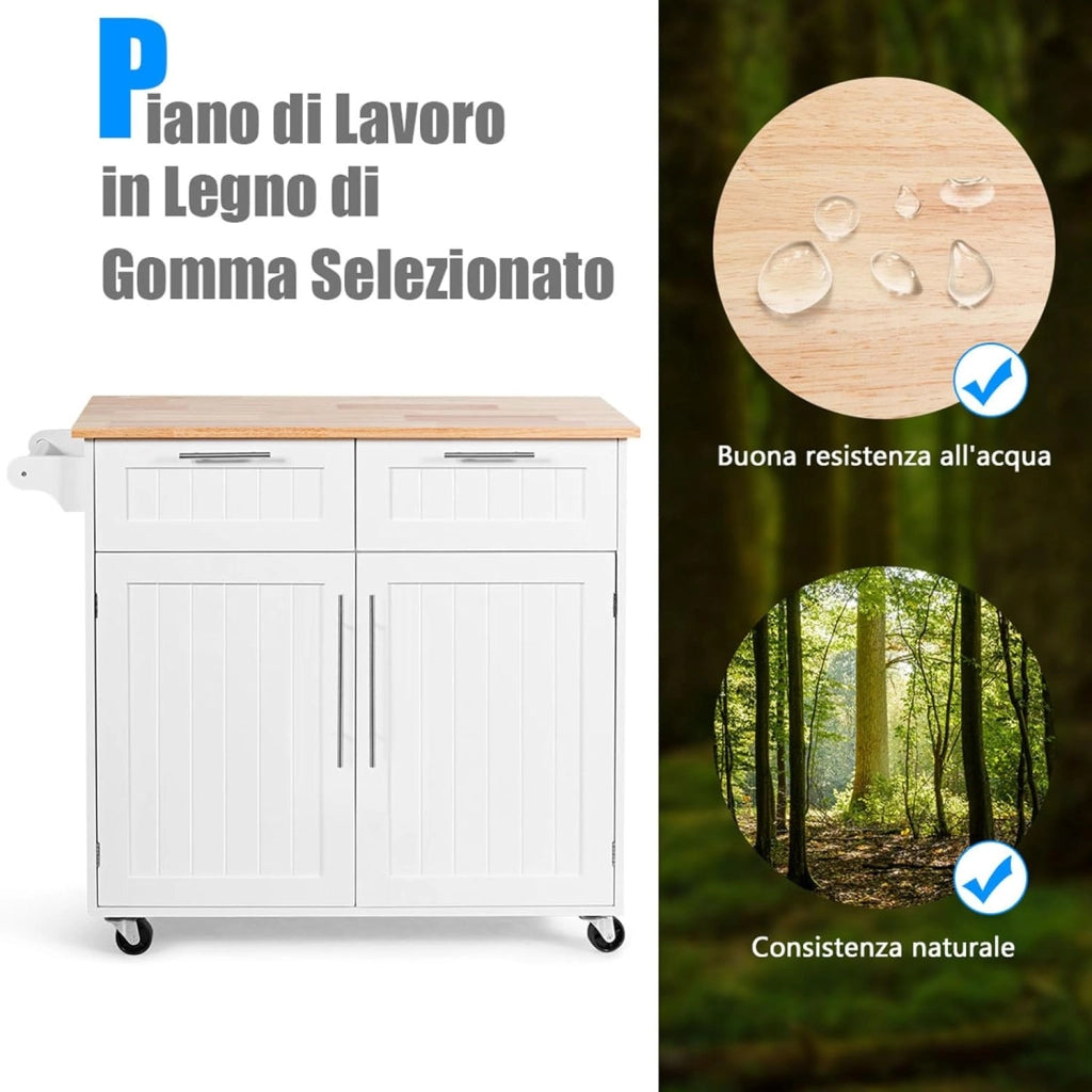 Carrello da Cucina, Isola da Cucina con Cassetti Portaoggetti e Armadietti, Ruote Universali e Portasciugamani, Ideale per Casa Ristorante Bar (Bianco)
