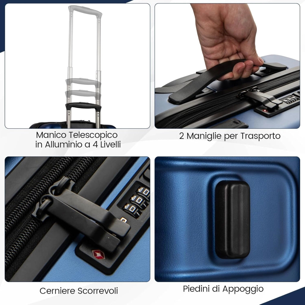 Valigia Bagaglio a Mano 20" con Tasca Frontale, Porta USB, Trolley Bagaglio a Mano con Serratura, Ruote Girevoli, Manico Regolabile (Senza Beauty + Blu Scuro)