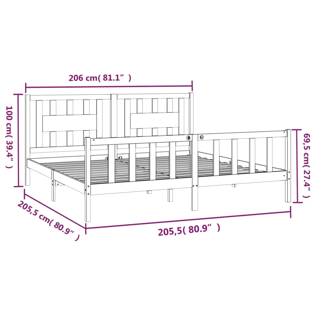 Giroletto con Testiera-Struttura Letto con testiera Nero Legno Massello di Pino 200x200 cm