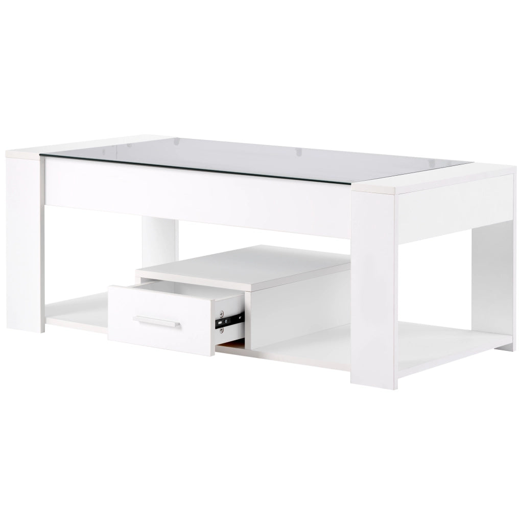 Tavolino da salotto rettangolare con piano in vetro temperato; cassetti e vano contenitore; bianco 100 x 50 x 40 cm