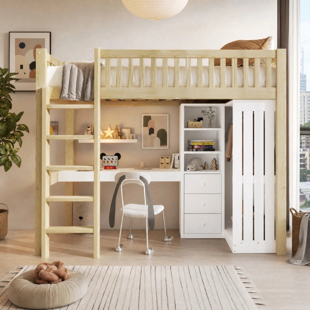 Letto a soppalco 90x200 cm con scrivania; armadio e 3 cassetti in pino e MDF naturale