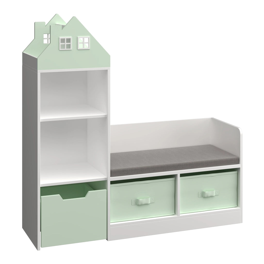 Mobile per Cameretta Vipsali Panchina e Scaffale con Contenitori 100x99x30 cm Verde / Bianco [en.casa]
