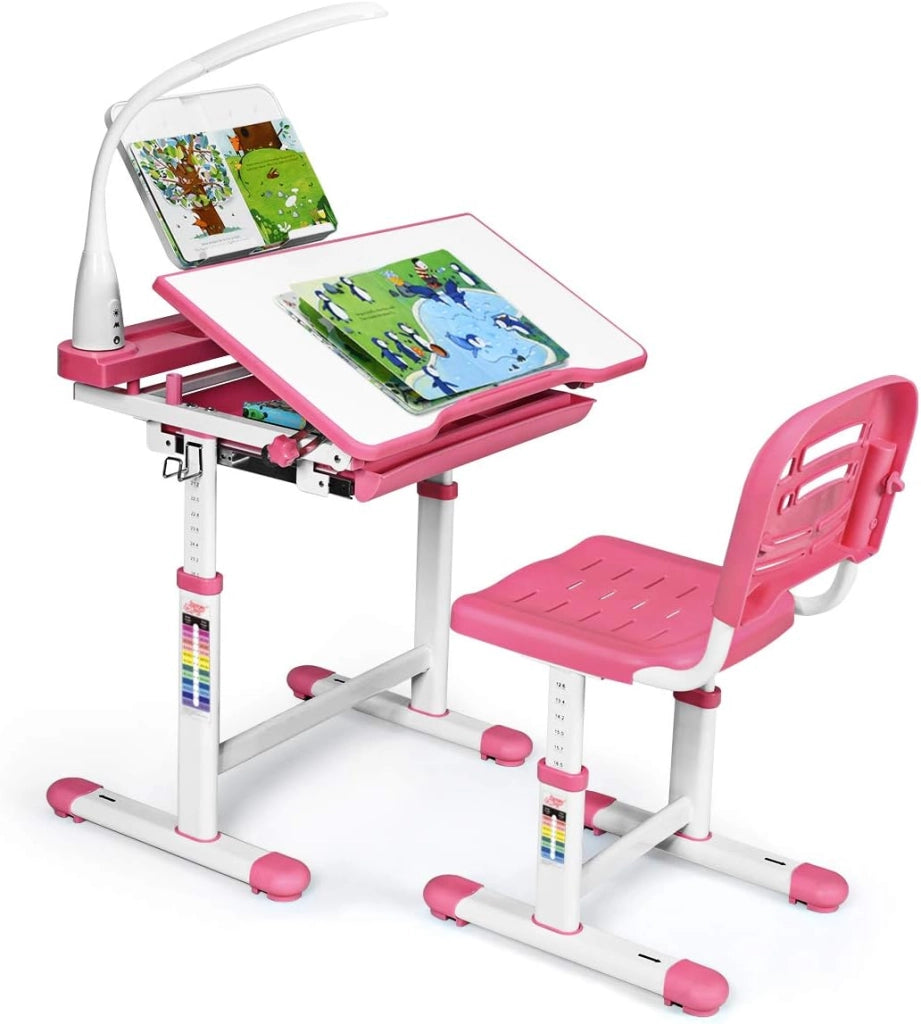 Scrivania per Bambini con Sedia, Tavolo con Lampada, Cassetto e Ripiano di Lettura Inclinabile, Regolabili in Altezza e Schienale, per Studio/Pittura, Carico di 80kg, 66x47x54-76cm (Rosa)