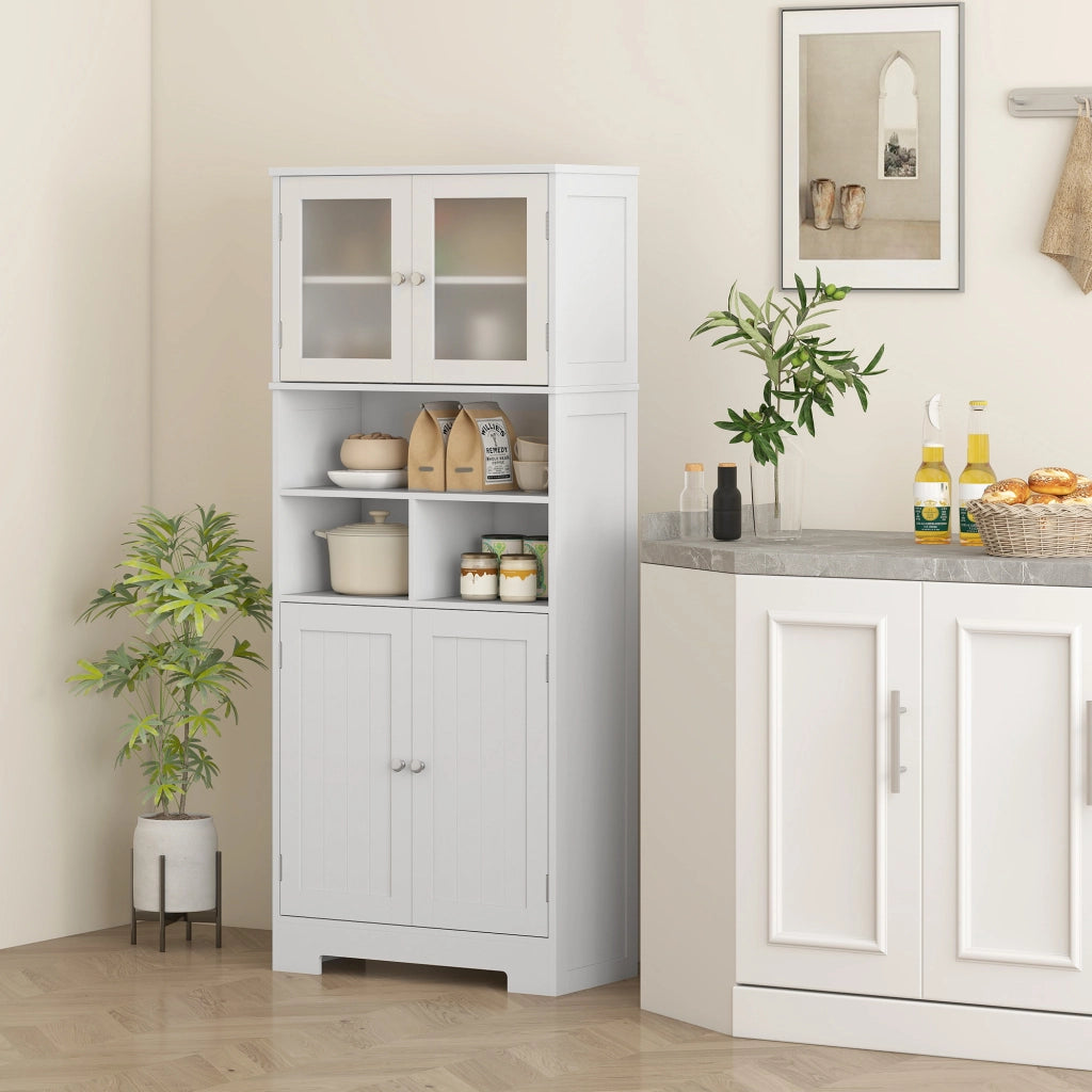 Credenza Bianca con 2 Ante a Vetro e 3 Vani Aperti, Ripiani Regolabili ¨C Zephmum ¨C 60x30x145.5 cm
