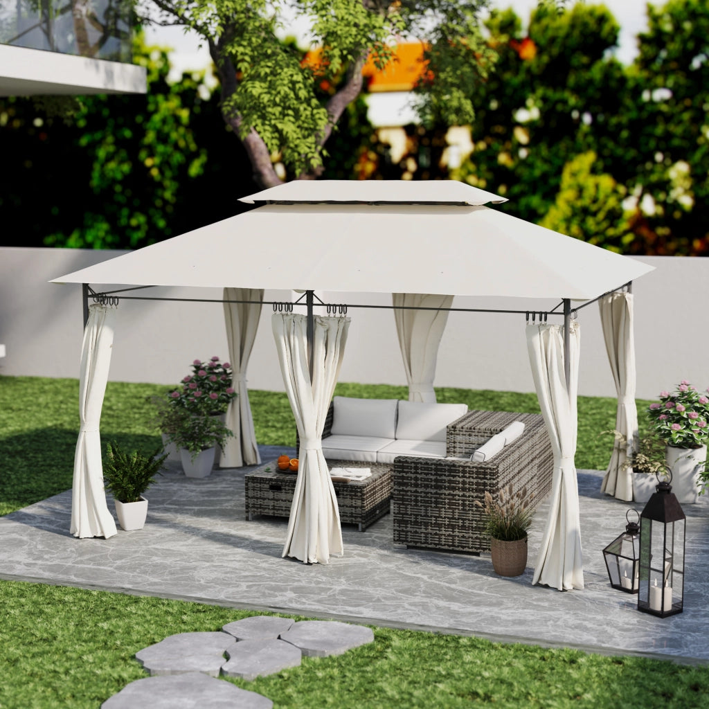 Gazebo da Giardino 3x4 m ¨C zephmum ¨C Crema, Metallo, Tende Rimovibili, Doppio Tetto