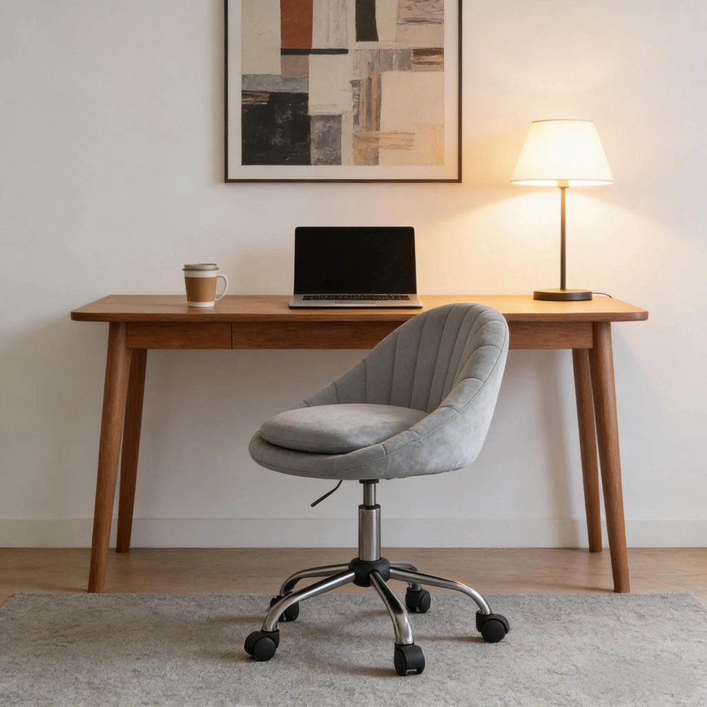 Sedia da ufficio ergonomica girevole in velluto con altezza regolabile e base in metallo grigio chiaro