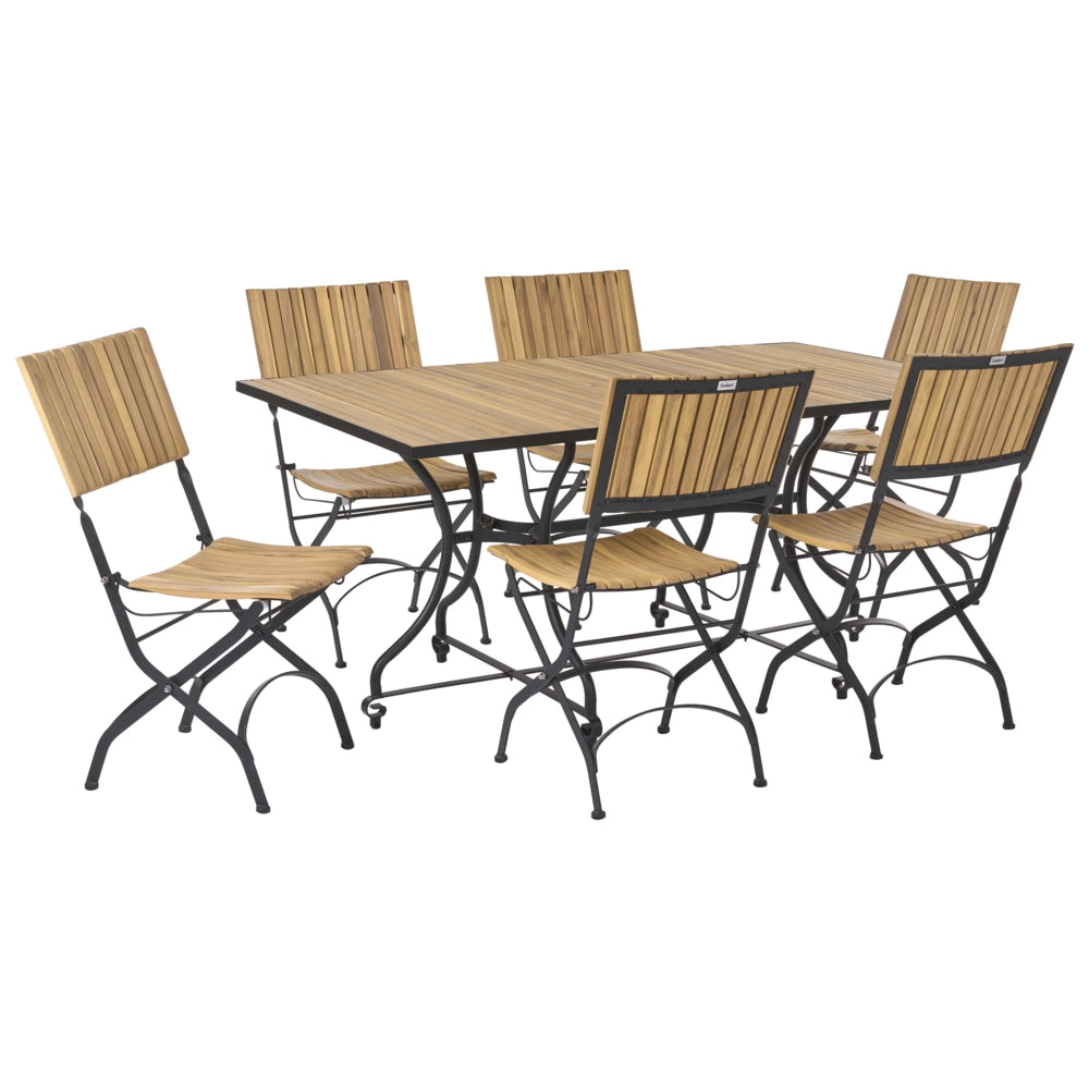 Set da pranzo da giardino per esterni con 6 sedie e tavolo in legno di acacia, struttura pieghevole in acciaio, legno di acacia marrone chiaro