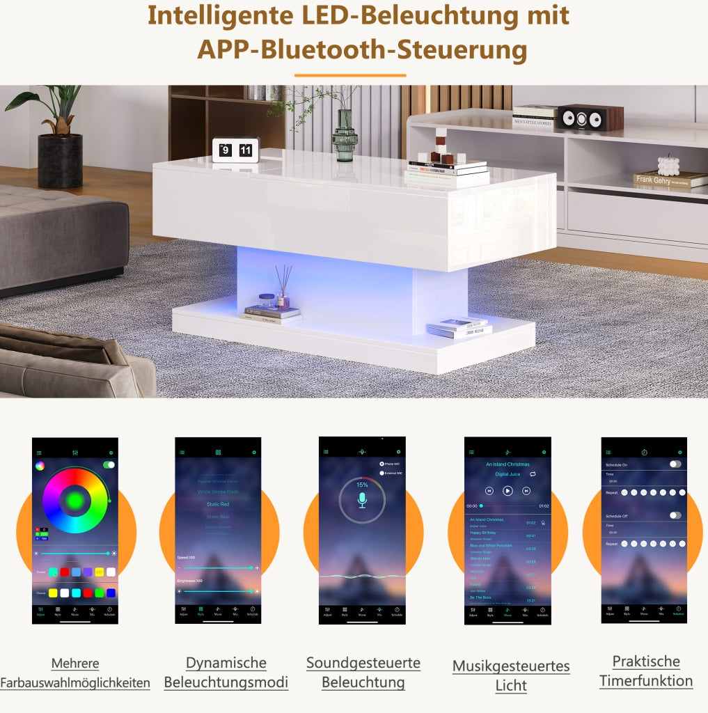 Tavolino da caffè bianco con LED, piano sollevabile e scorrevole