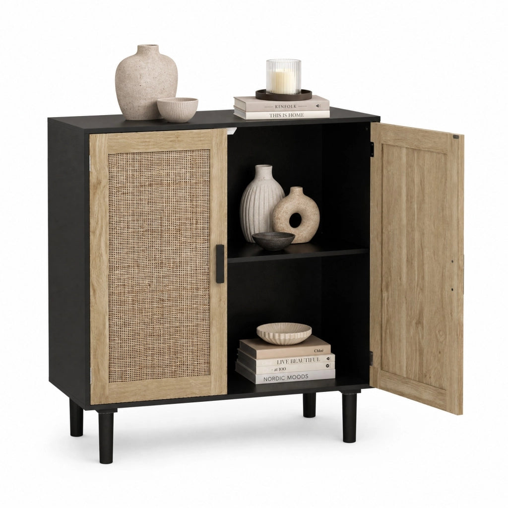 Mobile contenitore 80 cm a 2 ante nero con rattan