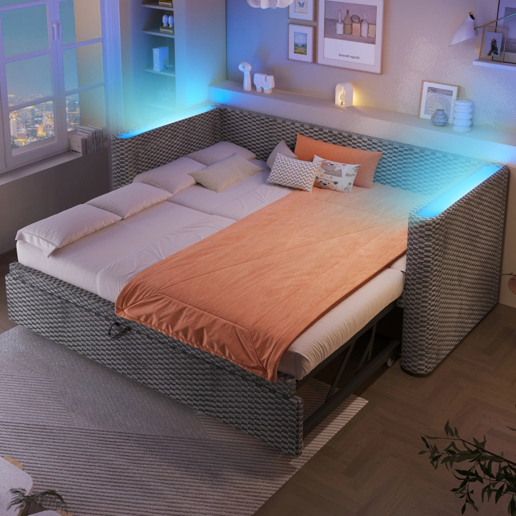 Letto Giorno Multifunzionale Estraibile in Velluto Grigio 90x200 cm con Striscia LED e Rete a Doghe
