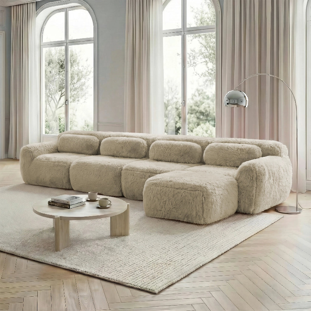 OKWISH Divano Angolare Modulare, Senza Montaggio, Seduta Ampia con Méridienne Spostabile e Cuscini, Peluche, Cachi Chiaro