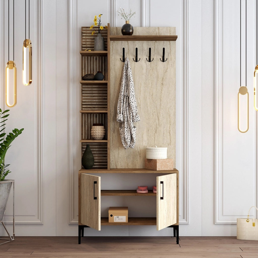 Loceri, Mobile da Ingresso Appendiabiti, 90x35x200h cm Beige Marmo