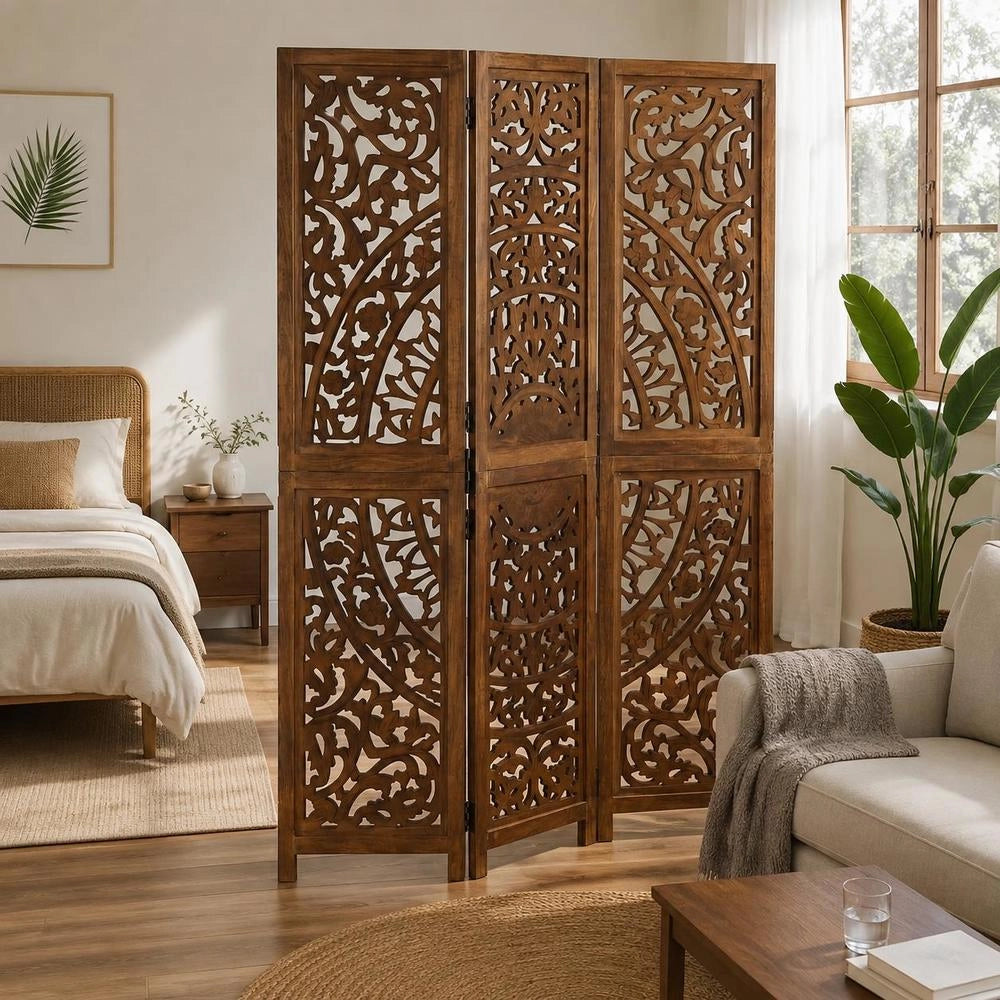 3-piece Room Divider, Hand-carved, Brown, 120x165 Cm, Mango Wood