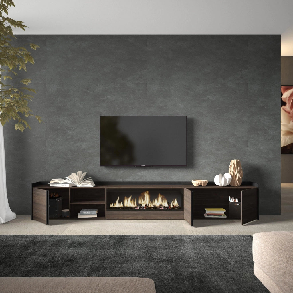 Mobile TV Soggiorno, 315x50x35 cm, Per TV fino a 80", Camino elettrico XXL, Rovere scuro e Nero