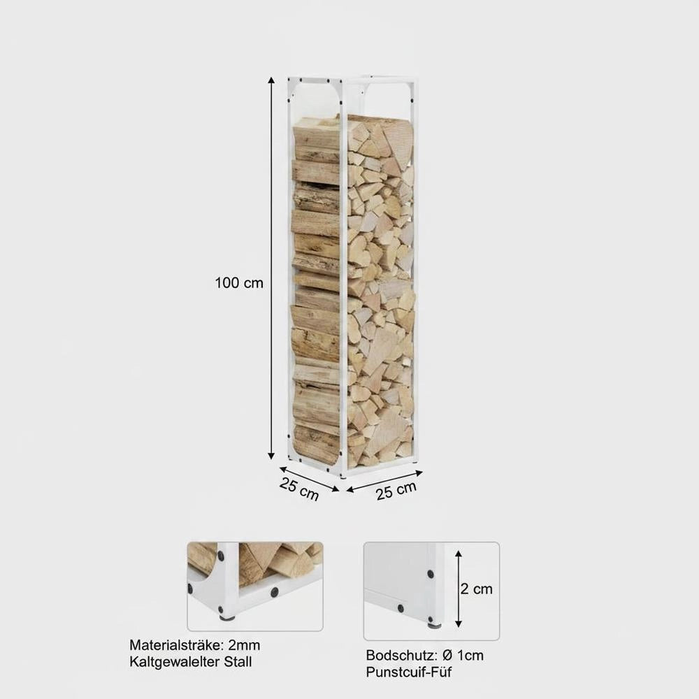 Porta legna bianco, 25x25x100 cm, in acciaio laminato a freddo – robusto e resistente, ideale per esterni, giardino e camino, pratico e durevole
