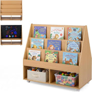 Libreria Montessoriana per Bambini, Scaffale per Giocattoli in Legno con Lavagna e 5 Ruote, Libreria a 3 Ripiani e Scomparti, per Cameretta e Asilo Nido, 90 x 45,5 x 87 cm (Naturale)