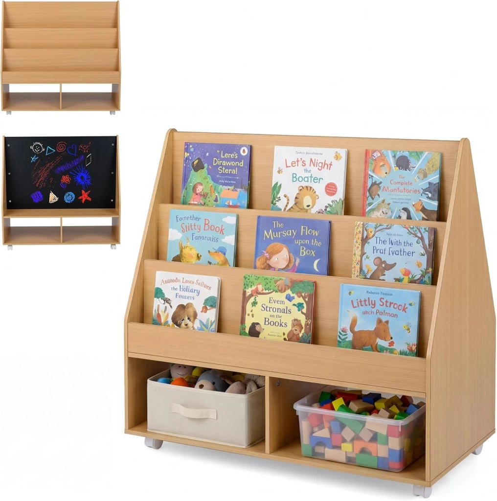 Libreria Montessoriana per Bambini, Scaffale per Giocattoli in Legno con Lavagna e 5 Ruote, Libreria a 3 Ripiani e Scomparti, per Cameretta e Asilo Nido, 90 x 45,5 x 87 cm (Naturale)