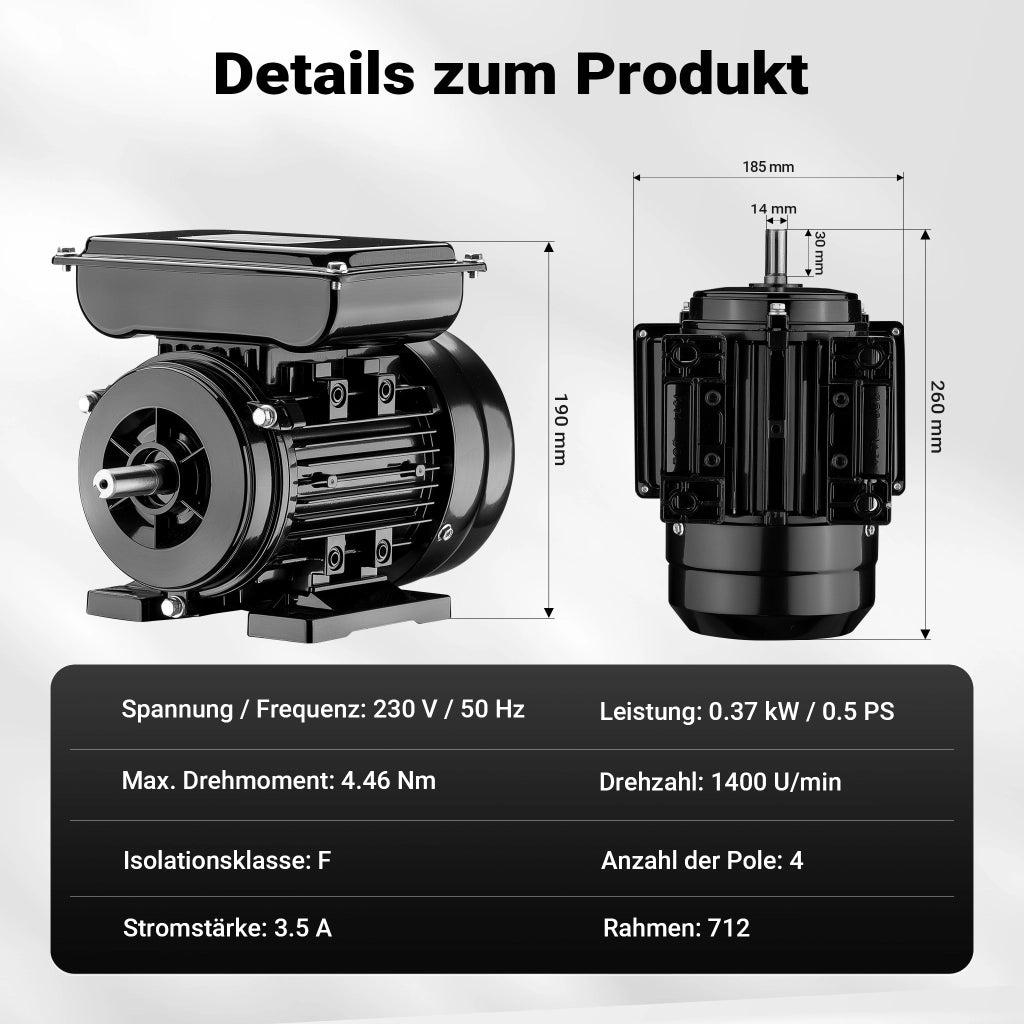 Motore elettrico asincrono monofase, 1400 giri/min, 230 volt, 0,37 kw, 1/2 CV, IP44, classe F