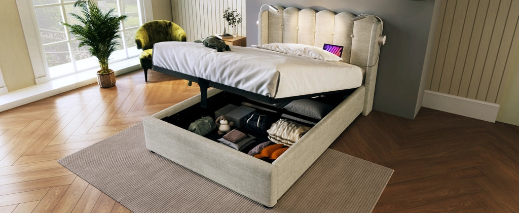 DESMIU Letto contenitore letto singolo 90 × 200 cm 1 posto con USB, luce da lettura e vano, senza materasso