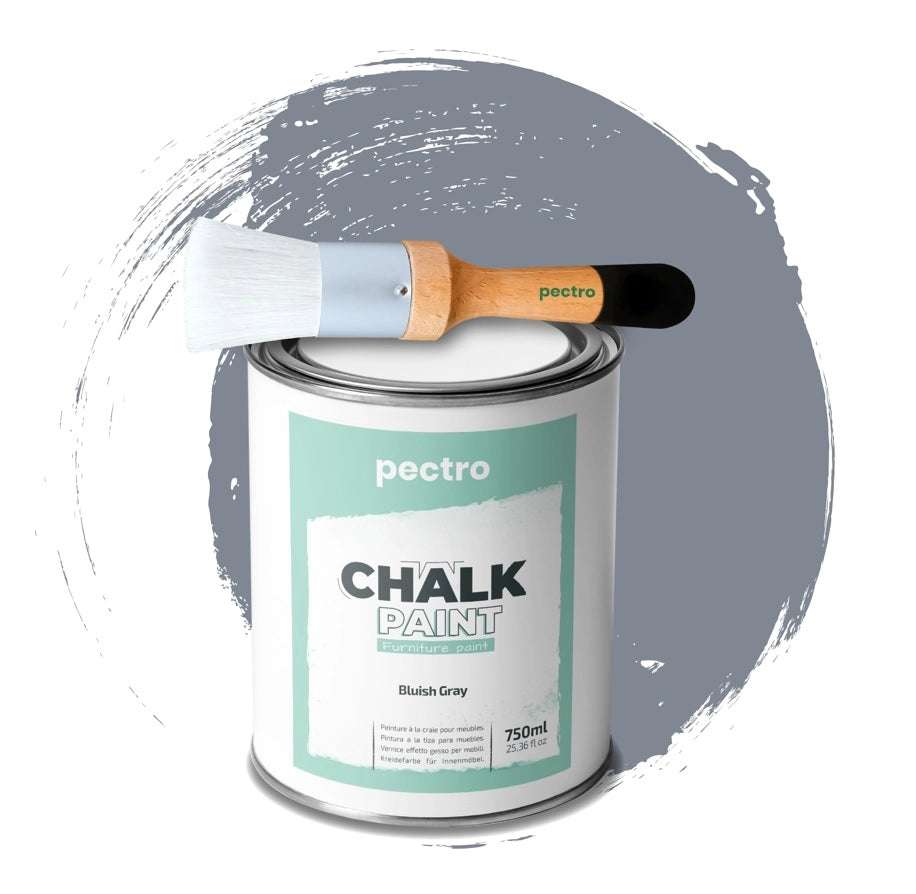 Chalk Paint Vernice a Gesso 750ml + Pennello Tondo in Legno Pack GRIGIO BLUASTRO - Pittura per Mobili Senza Carteggiare