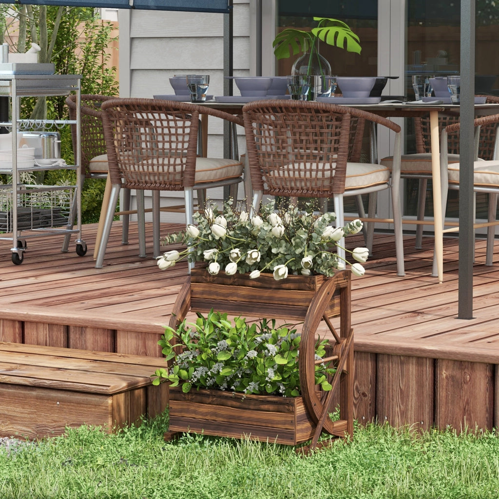 Fioriera in Legno da Esterno a 2 Livelli con 3 Vasi e Ruote di Carro Stile Country, 55x32x56cm