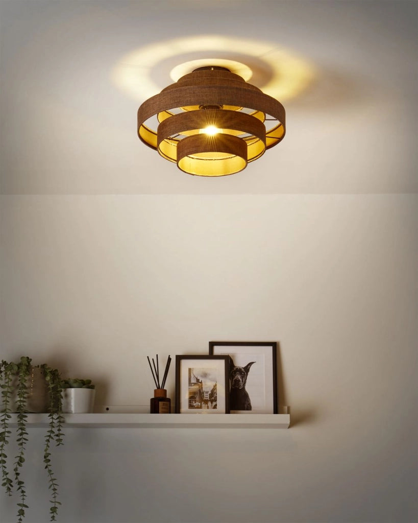 Lampada a sospensione a soffitto con paralume in tessuto di lino marrone Design moderno Luce per il soggiorno