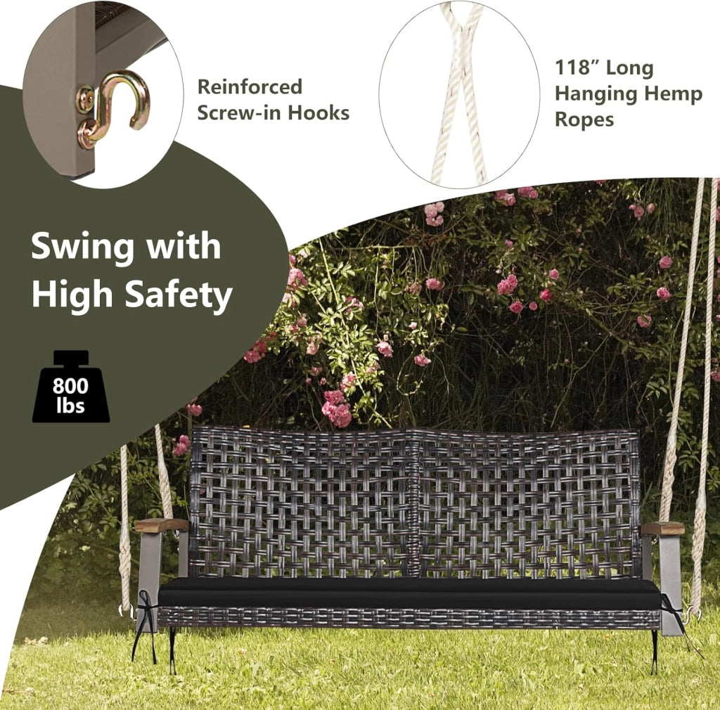 Porch Swing in Vimini PE a 2 Posti, Altalena da Esterno con Morbido Cuscino Sedile e Cordami Appendiabili, Capacità di Carico di 360 KG, Adatta per Cortile, Giardino, Portico (Nero)