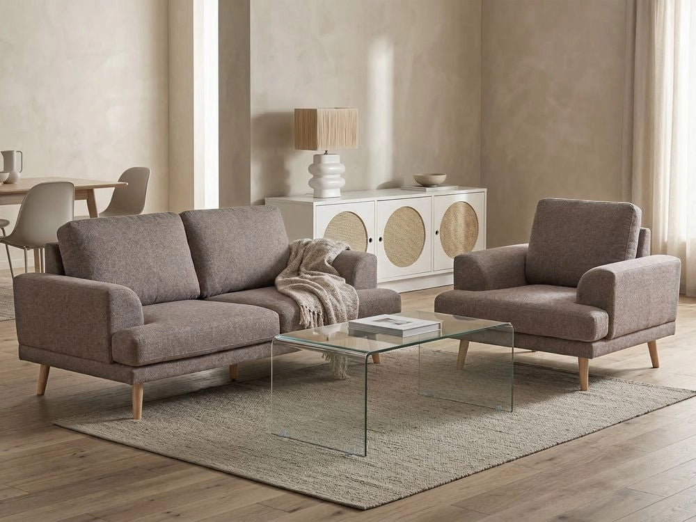 Set da salotto a 4 posti con divano in tessuto e poltrona braccioli svasati in stile moderno marrone