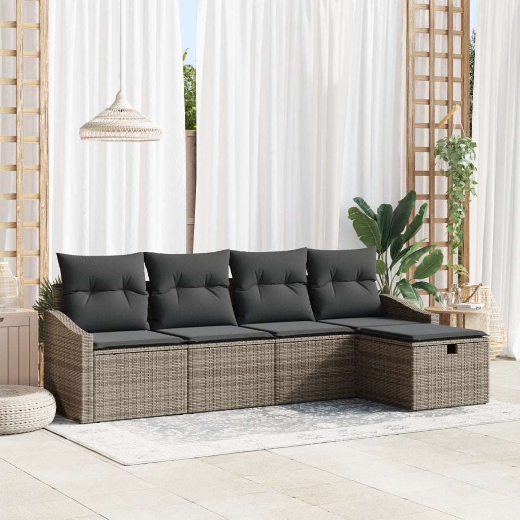 Set Divano da Giardino in 5 Pezzi con Cuscini Grigio Rattan