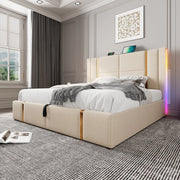 DESMIU Letto contenitore 140 × 200 cm 2 posti con USB, Type-C e LED regolabile, senza materasso, lino beige