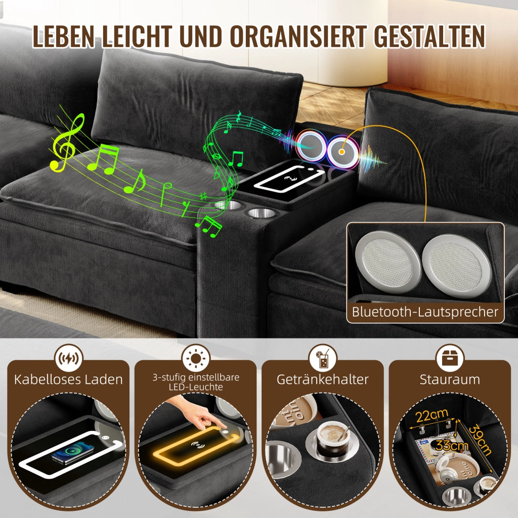 Divano modulare a L 4 posti in chenille con pouf mobile ricarica wireless altoparlanti luci e 2 portabicchieri nero