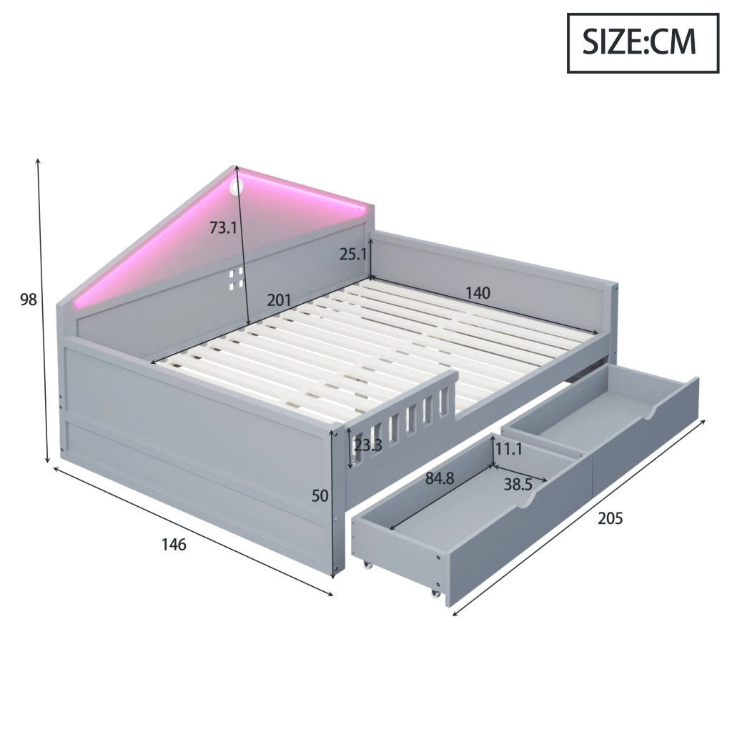 DESMIU Letto singolo 140 × 200 cm con LED, 2 cassetti, senza materasso, in legno massiccio e MDF, grigio
