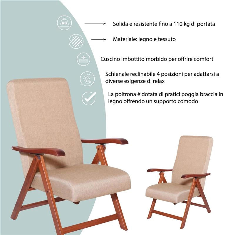POLTRONA MIAMI NOCE BEIGE IN FAGGIO CON IMBOTTITURA POGGIATA SU CINGHIE SCHIENALE REGOLABILE IN QUATTRO POSIZIONI