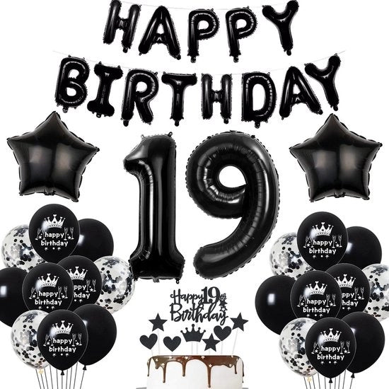 Decorazione per Festa d'Anniversario 19 Anni - Bambini - Ballooni in Latex 81 cm - Nastro di Auguri - Decorazione Unica per Festa d'Anniversario