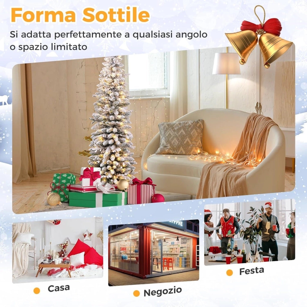 Albero di Natale Slim Pre-illuminato 150/180 CM, Albero di Natale Innevato con 120/140 Luci LED Bianche Calde, 249/334 Rami e 8 Modalità di Illuminazione e Vaso (180 CM)