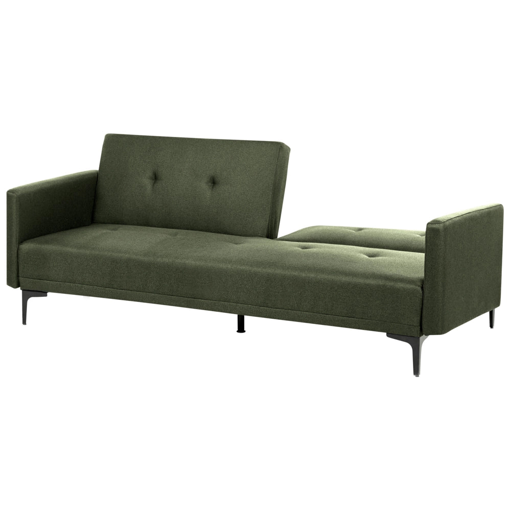 Divano letto moderno in tessuto verde scuro a 3 posti con schienale con bottoni gambe nero design moderno scandinavo