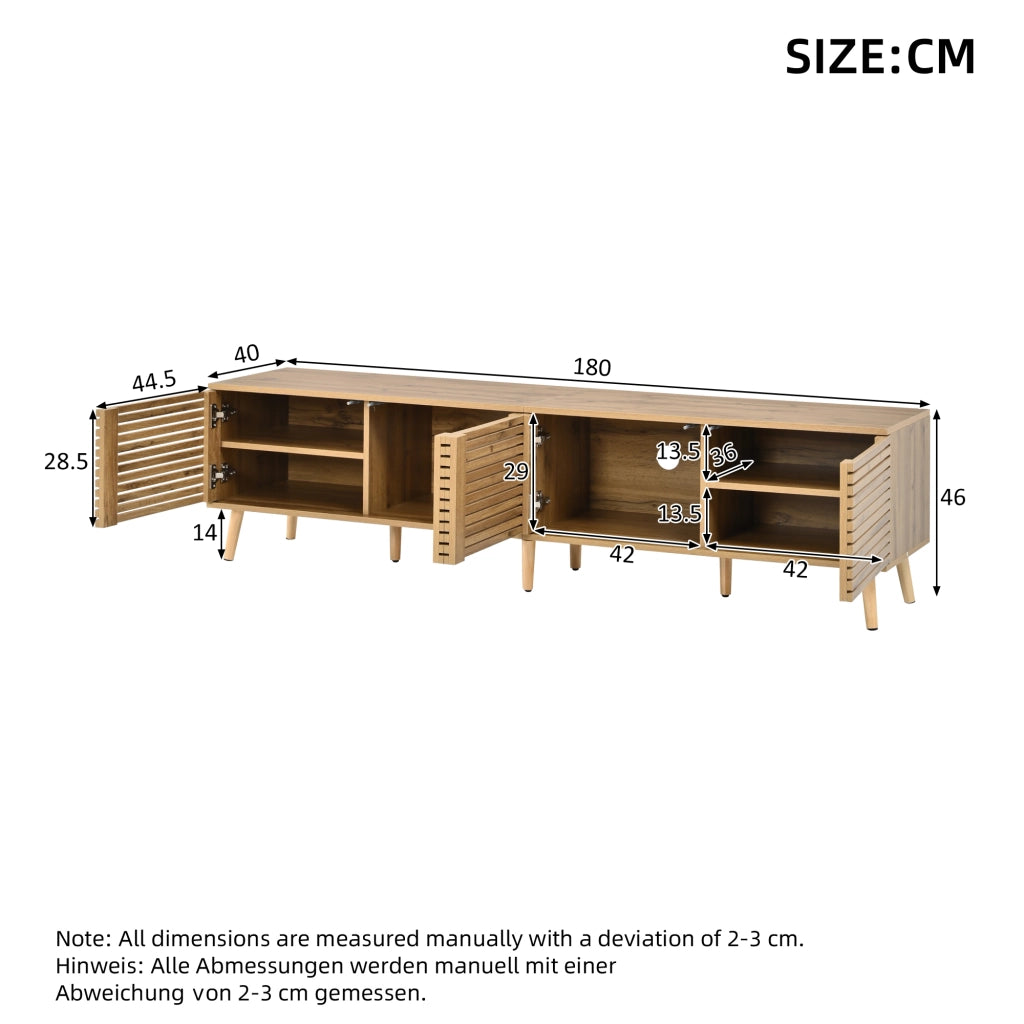 Mobile TV basso in legno naturale per TV fino a 75 pollici, con 4 ante a griglia, 180x40x46 cm