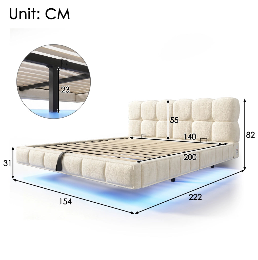 Letto imbottito 140x200 cm con contenitore, LED e USB in ciniglia beige