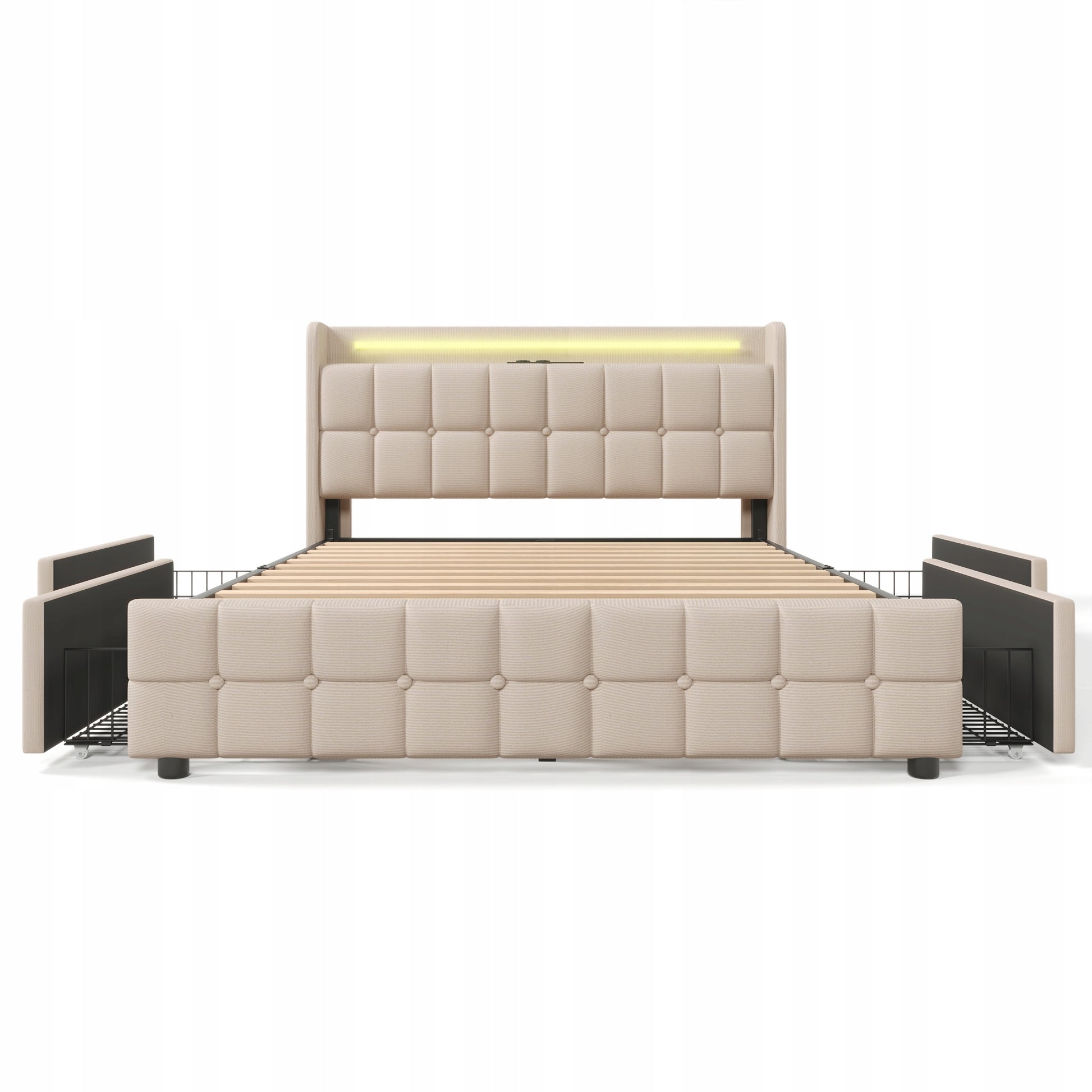 Letto singolo imbottito - Xylo - 90x200 cm - Beige chiaro - USB Type C, cassetti