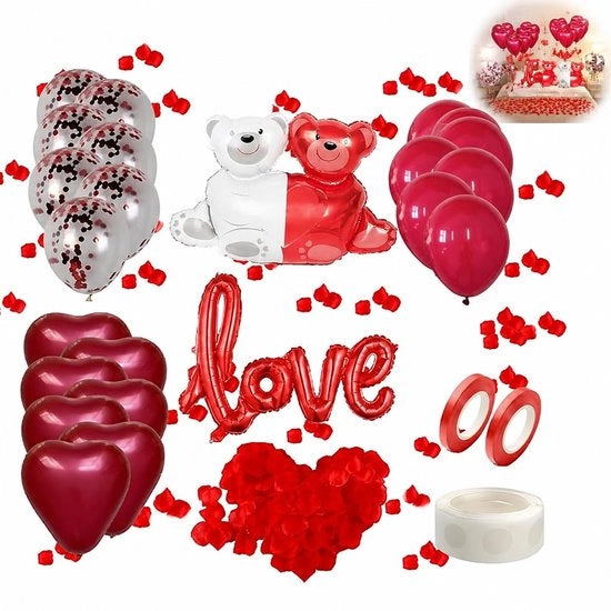 Set di decorazioni per il giorno di San Valentino - 10 pezzi di palloni luccicanti rosso - 10 pezzi di palloni cuore rosso - pallone di alluminio LOVE - pallone orso - inclusi filo e colla per palloni - decorazione per feste.