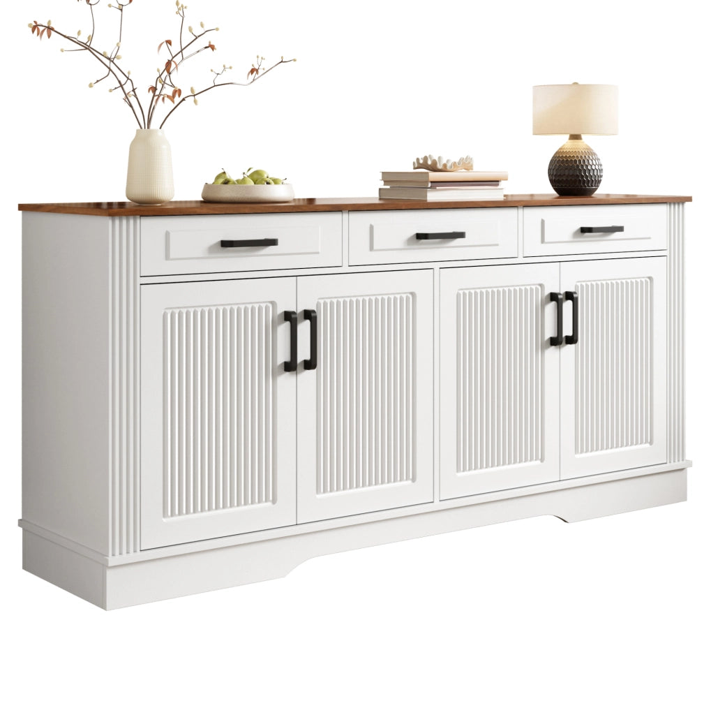 Sideboard moderno con 4 porte bugnate; 3 cassetti; 160x40x75 cm; MDF bianco